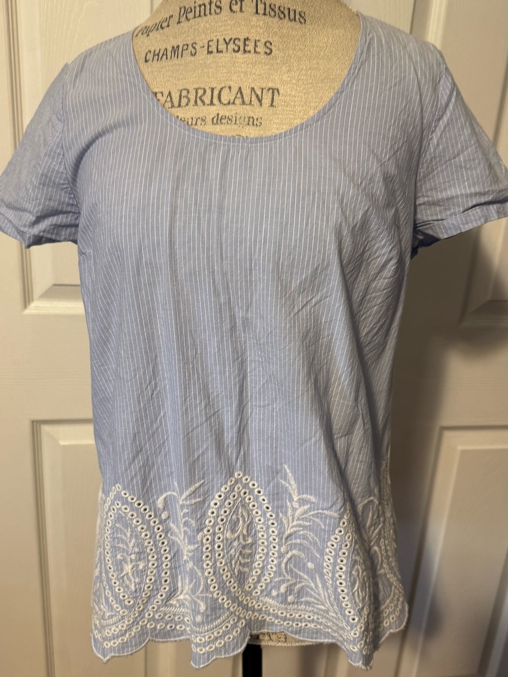 Soma Light Blue Striped Short Sleeve Top with White Embroidery Medium
